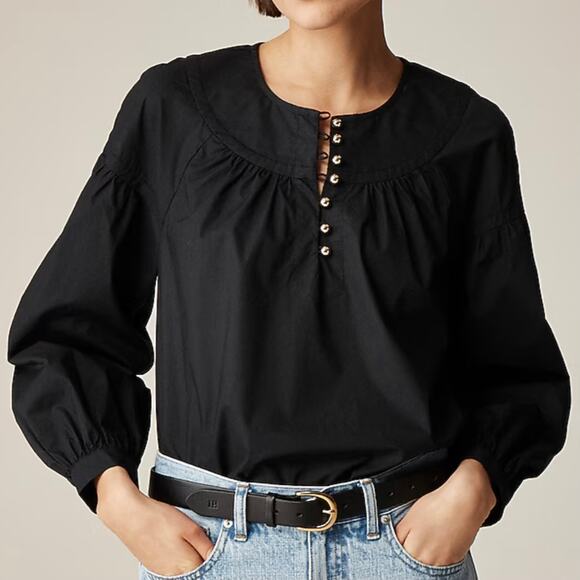 J.Crew Shirred Popover Top Cotton Poplin Long Sleeve Office Date CI522 Black XXS - Picture 1 of 15